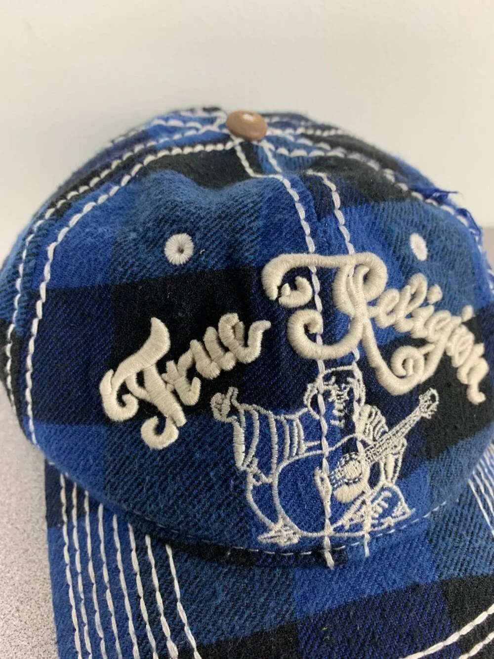 True Religion Distressed Blue Plaid Hat